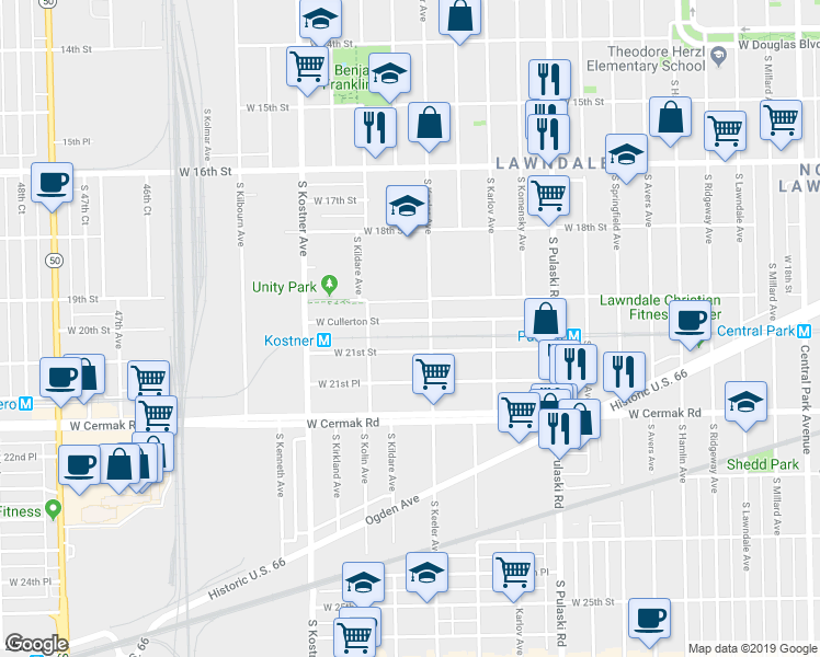 map of restaurants, bars, coffee shops, grocery stores, and more near 4218 West Cullerton Street in Chicago