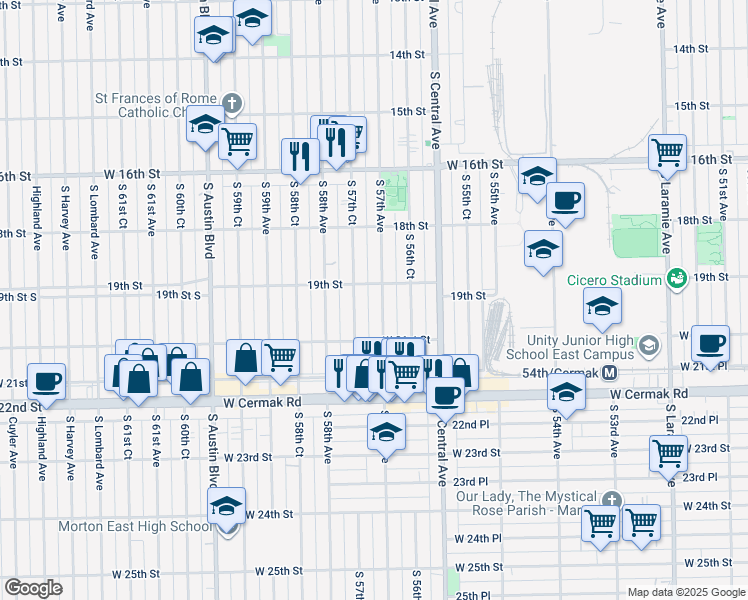 map of restaurants, bars, coffee shops, grocery stores, and more near 1900 South 57th Avenue in Cicero