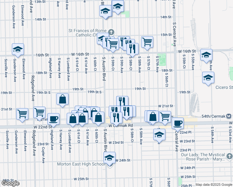 map of restaurants, bars, coffee shops, grocery stores, and more near 1901 South 59th Court in Cicero