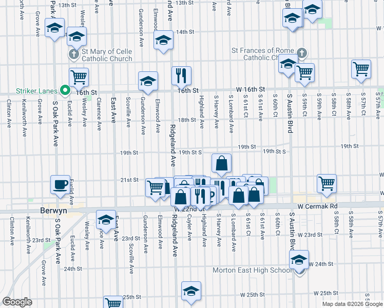 map of restaurants, bars, coffee shops, grocery stores, and more near 6303 19th Street in Berwyn