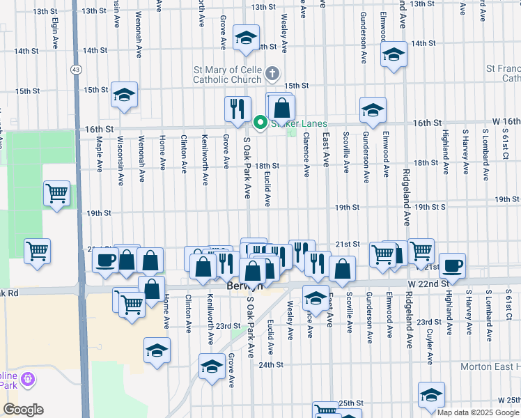 map of restaurants, bars, coffee shops, grocery stores, and more near 1843 Euclid Avenue in Berwyn