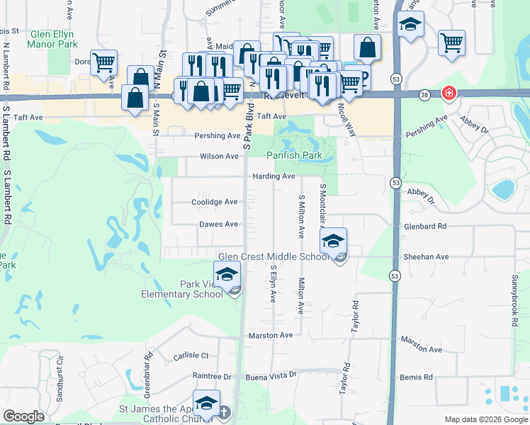 map of restaurants, bars, coffee shops, grocery stores, and more near 134 South Ellyn Avenue in Glen Ellyn