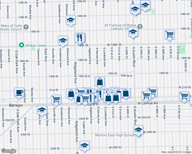 map of restaurants, bars, coffee shops, grocery stores, and more near 1848 South Harvey Avenue in Berwyn