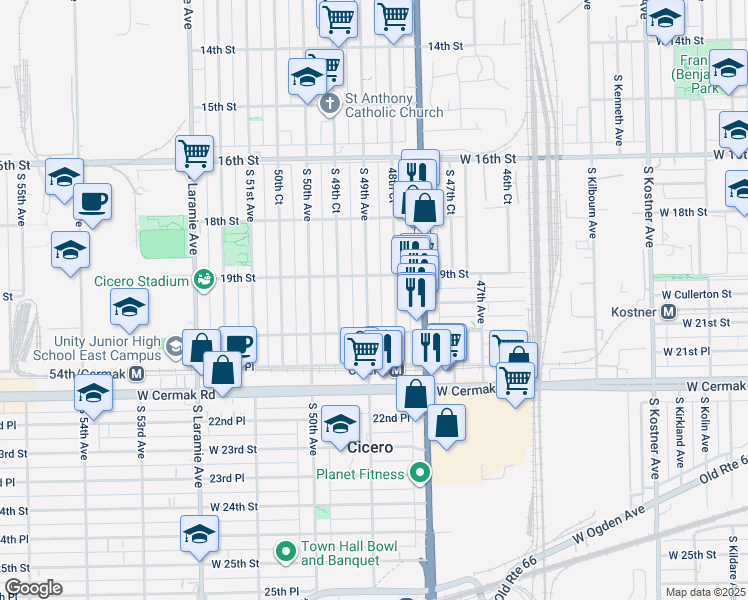 map of restaurants, bars, coffee shops, grocery stores, and more near 1917 South 49th Avenue in Cicero