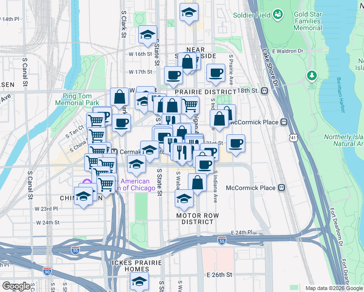map of restaurants, bars, coffee shops, grocery stores, and more near 2101 South Wabash Avenue in Chicago