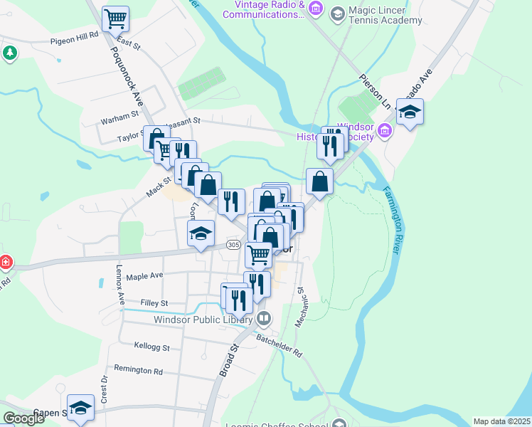 map of restaurants, bars, coffee shops, grocery stores, and more near 30 Prospect Street in Windsor