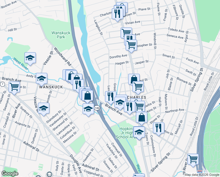 map of restaurants, bars, coffee shops, grocery stores, and more near 69 Langdon Street in Providence