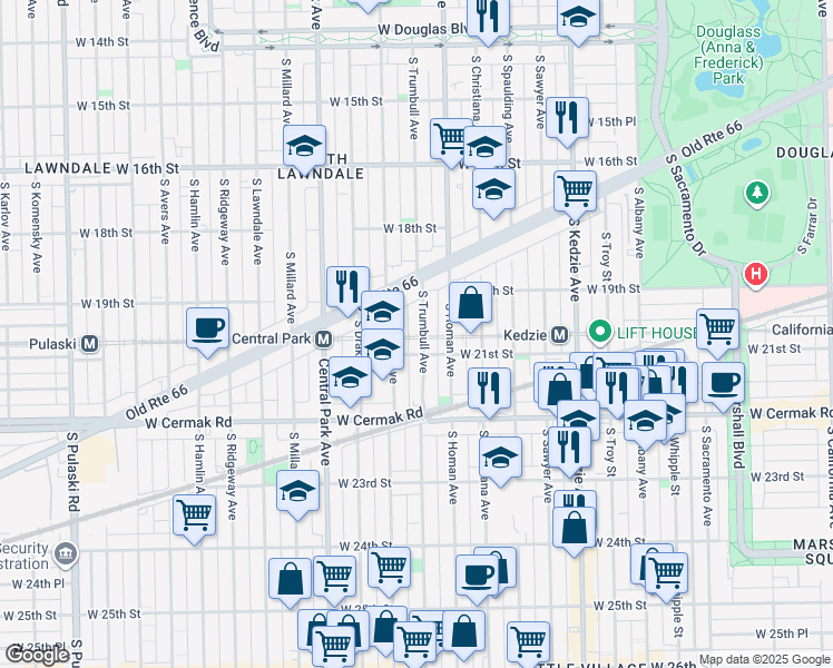 map of restaurants, bars, coffee shops, grocery stores, and more near 1943 South Trumbull Avenue in Chicago