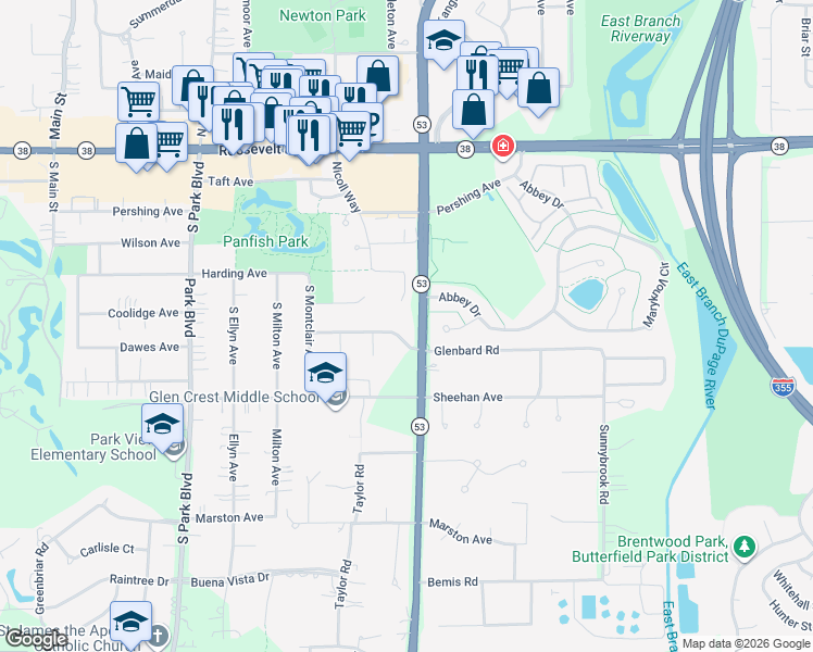 map of restaurants, bars, coffee shops, grocery stores, and more near 780 Glenbard Road in Glen Ellyn