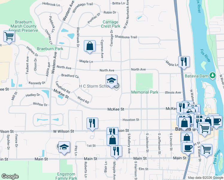 map of restaurants, bars, coffee shops, grocery stores, and more near 305 North Van Nortwick Avenue in Batavia