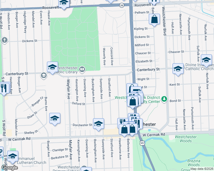 map of restaurants, bars, coffee shops, grocery stores, and more near 1623 Sunnyside Avenue in Westchester