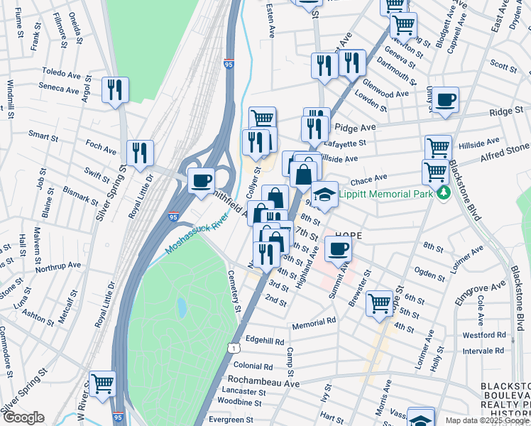 map of restaurants, bars, coffee shops, grocery stores, and more near 47 Matilda Street in Providence