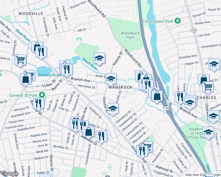 map of restaurants, bars, coffee shops, grocery stores, and more near in Providence