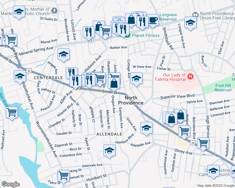 map of restaurants, bars, coffee shops, grocery stores, and more near 1711 Smith Street in North Providence