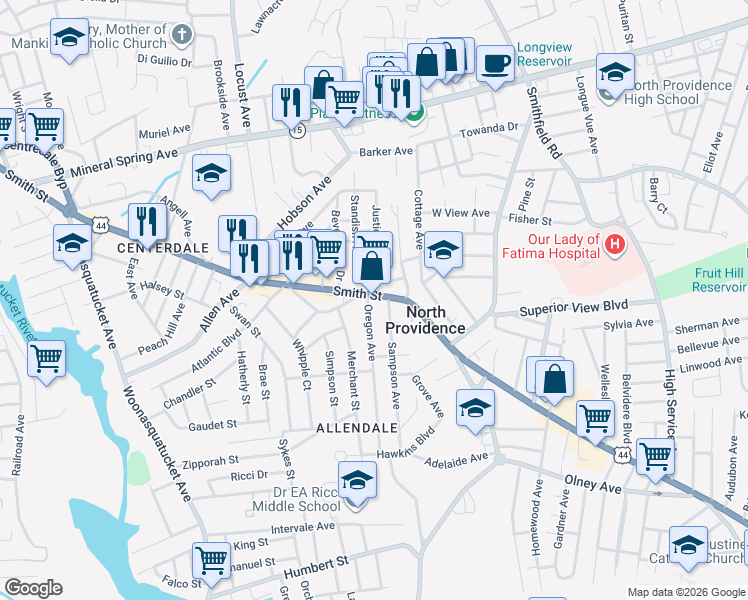 map of restaurants, bars, coffee shops, grocery stores, and more near 1737 Smith Street in North Providence