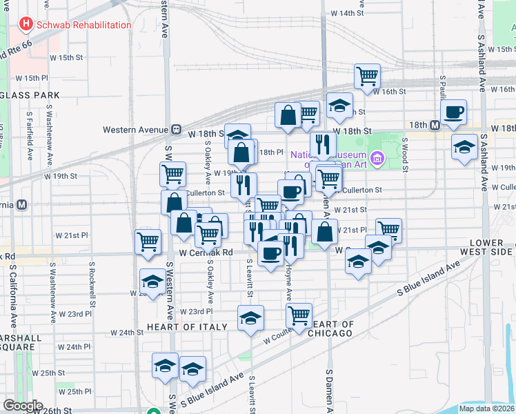 map of restaurants, bars, coffee shops, grocery stores, and more near 2125 West Cullerton Street in Chicago