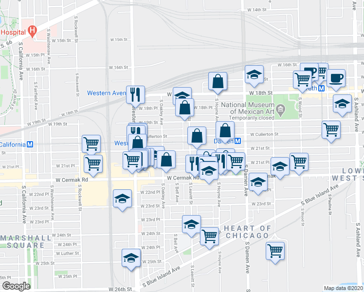 map of restaurants, bars, coffee shops, grocery stores, and more near in Chicago