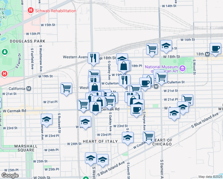 map of restaurants, bars, coffee shops, grocery stores, and more near 2247 West Cullerton Street in Chicago