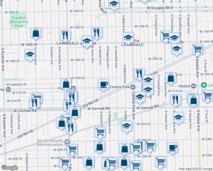 map of restaurants, bars, coffee shops, grocery stores, and more near 1917 South Ridgeway Avenue in Chicago