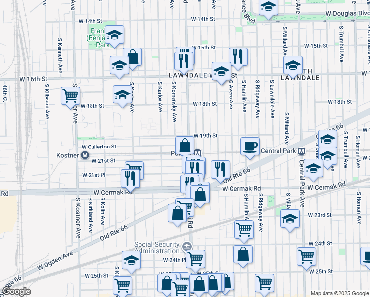 map of restaurants, bars, coffee shops, grocery stores, and more near 1915 South Pulaski Road in Chicago