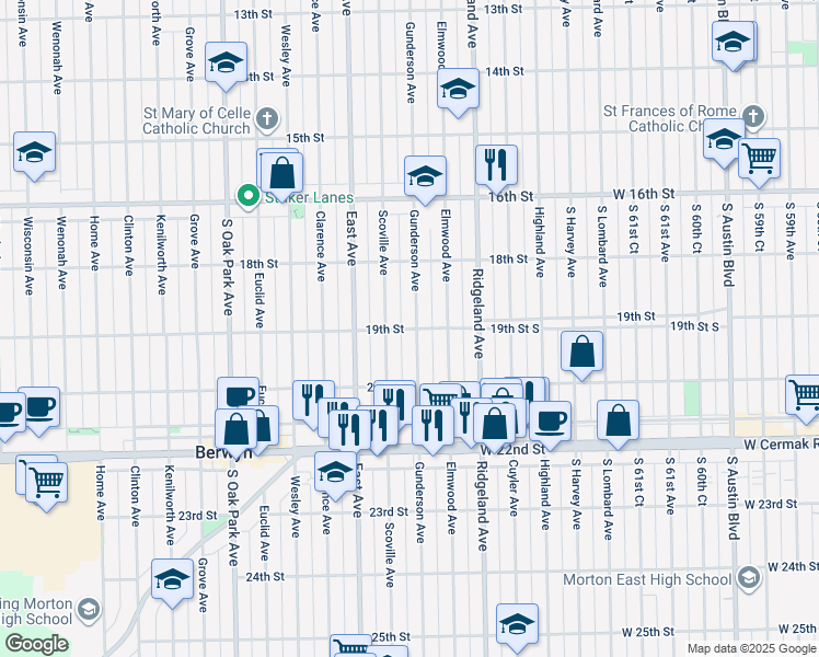 map of restaurants, bars, coffee shops, grocery stores, and more near 1849 Gunderson Avenue in Berwyn