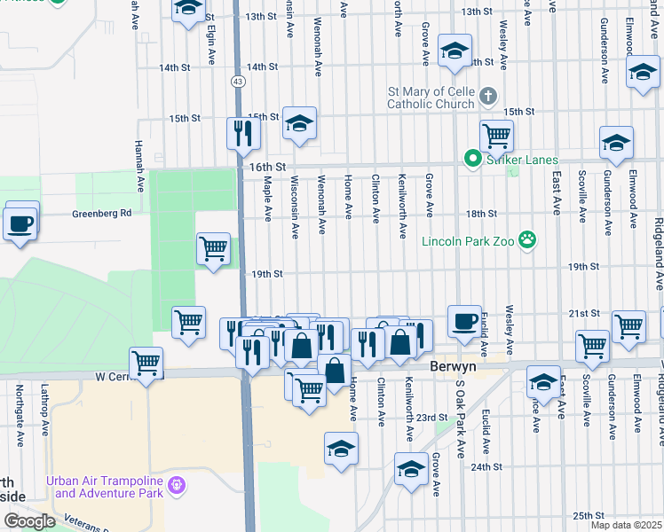 map of restaurants, bars, coffee shops, grocery stores, and more near 1839 Wenonah Avenue in Berwyn