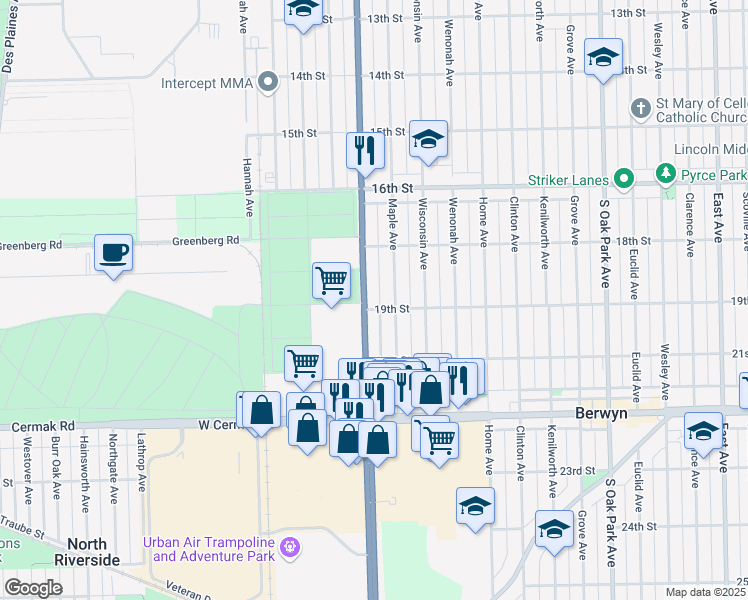 map of restaurants, bars, coffee shops, grocery stores, and more near 1835 Harlem Avenue in North Riverside