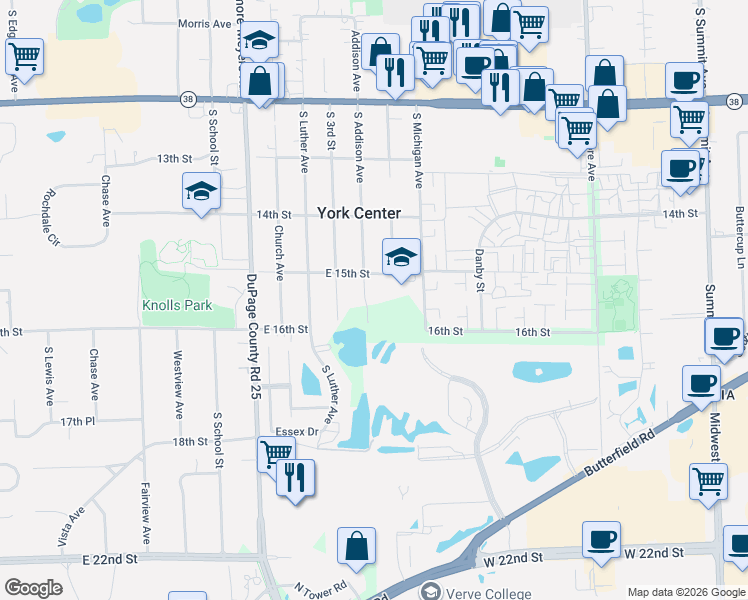 map of restaurants, bars, coffee shops, grocery stores, and more near 1505 South Addison Avenue in Lombard