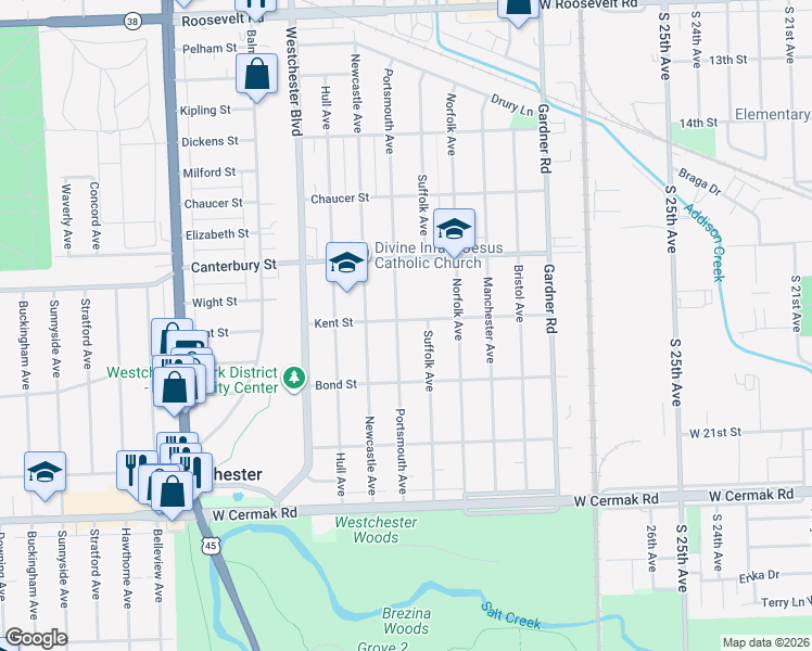 map of restaurants, bars, coffee shops, grocery stores, and more near 10020 Kent Street in Westchester
