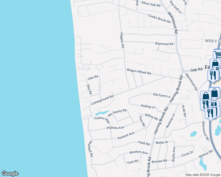 map of restaurants, bars, coffee shops, grocery stores, and more near 20 Russell Avenue in Eastham