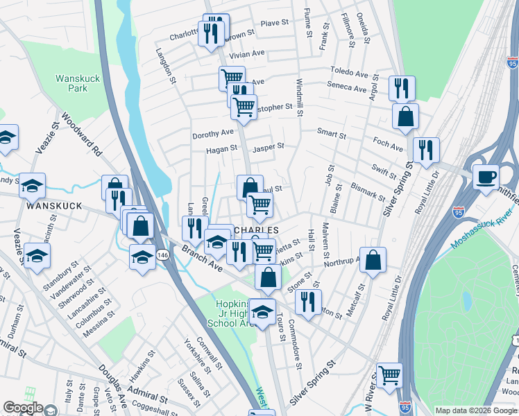 map of restaurants, bars, coffee shops, grocery stores, and more near 32 Peter Street in Providence