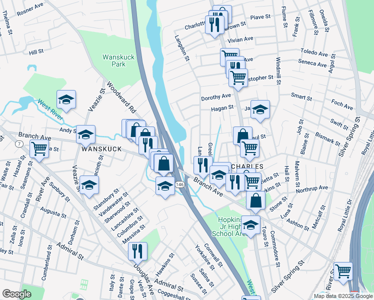 map of restaurants, bars, coffee shops, grocery stores, and more near 641 Branch Avenue in Providence