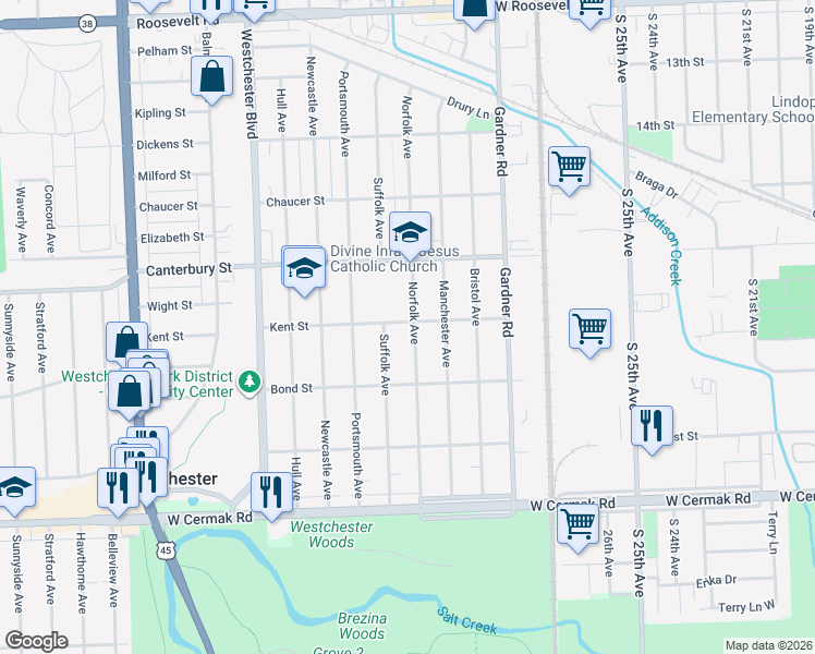 map of restaurants, bars, coffee shops, grocery stores, and more near 1800 Norfolk Avenue in Westchester