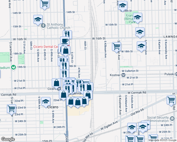 map of restaurants, bars, coffee shops, grocery stores, and more near 4600 West 20th Street in Cicero