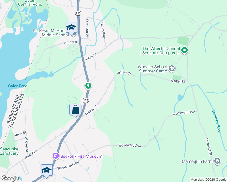map of restaurants, bars, coffee shops, grocery stores, and more near 125 Walker Street in Seekonk