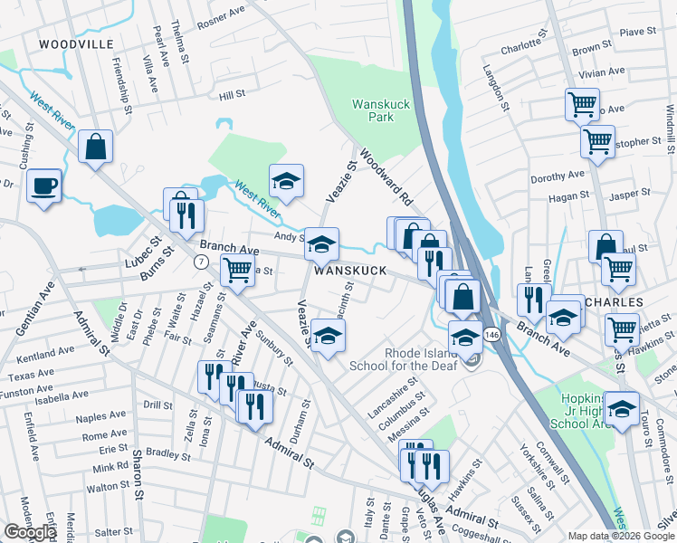 map of restaurants, bars, coffee shops, grocery stores, and more near 10 Burleigh Street in Providence
