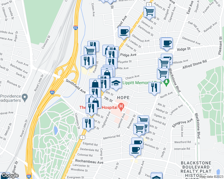 map of restaurants, bars, coffee shops, grocery stores, and more near 1255 North Main Street in Providence