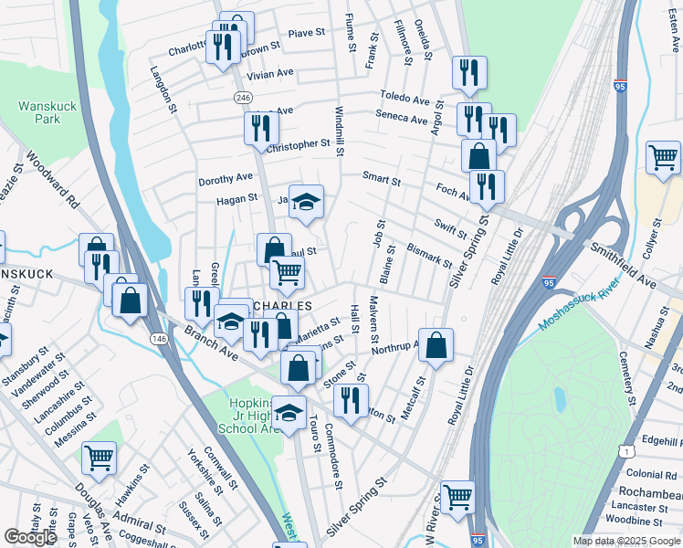 map of restaurants, bars, coffee shops, grocery stores, and more near 21 Windmill Street in Providence
