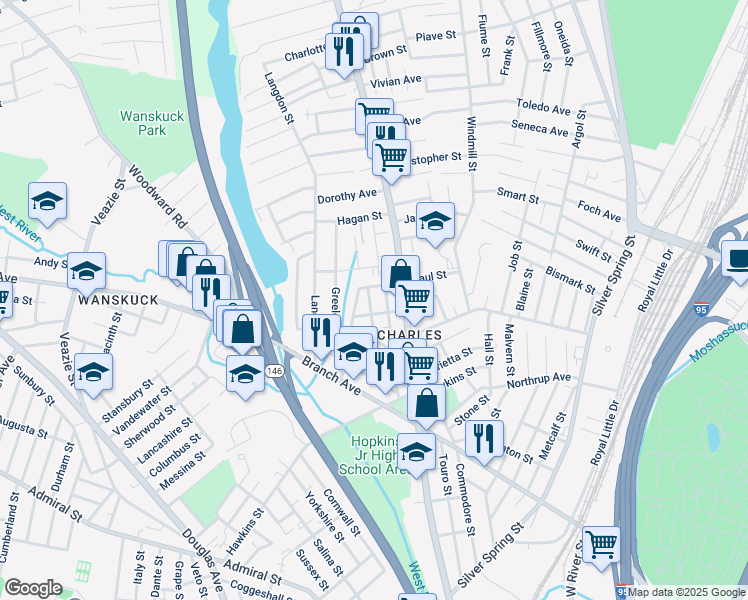 map of restaurants, bars, coffee shops, grocery stores, and more near 94 Opper Street in Providence