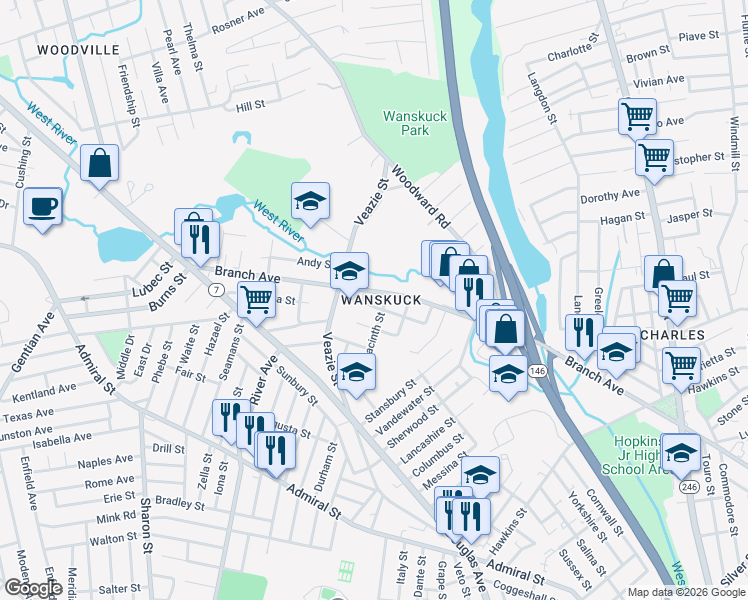 map of restaurants, bars, coffee shops, grocery stores, and more near 10 Burleigh Street in Providence
