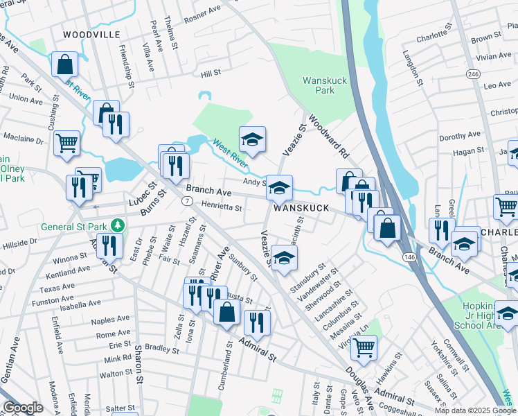map of restaurants, bars, coffee shops, grocery stores, and more near 31 Henrietta Street in Providence