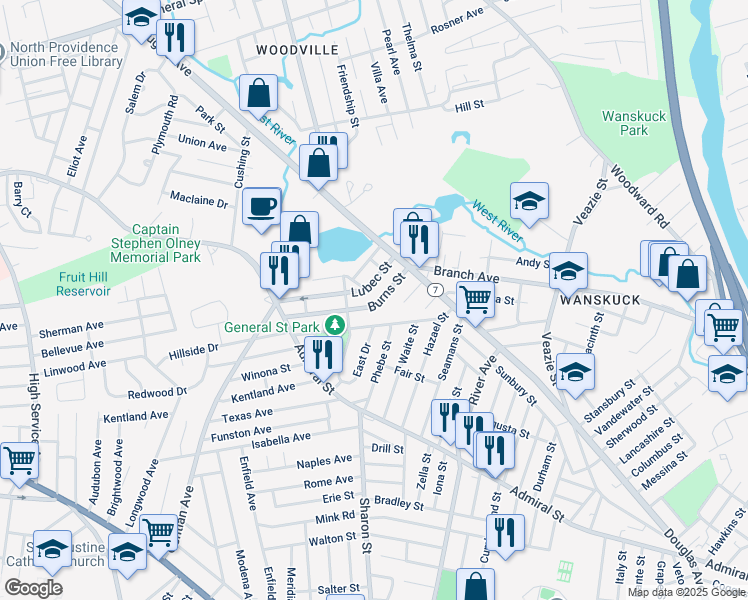 map of restaurants, bars, coffee shops, grocery stores, and more near 32 Burns Street in Providence