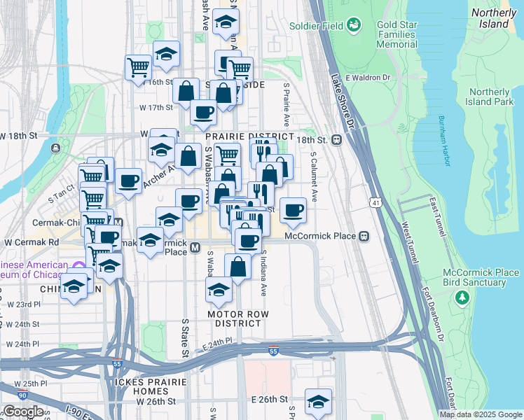 map of restaurants, bars, coffee shops, grocery stores, and more near 41 East 21st Street in Chicago