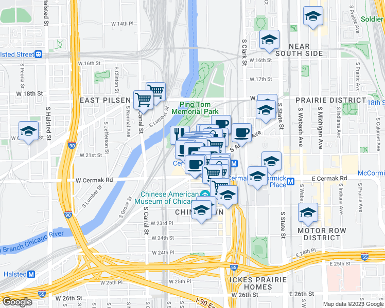 map of restaurants, bars, coffee shops, grocery stores, and more near 2140 South China Place in Chicago