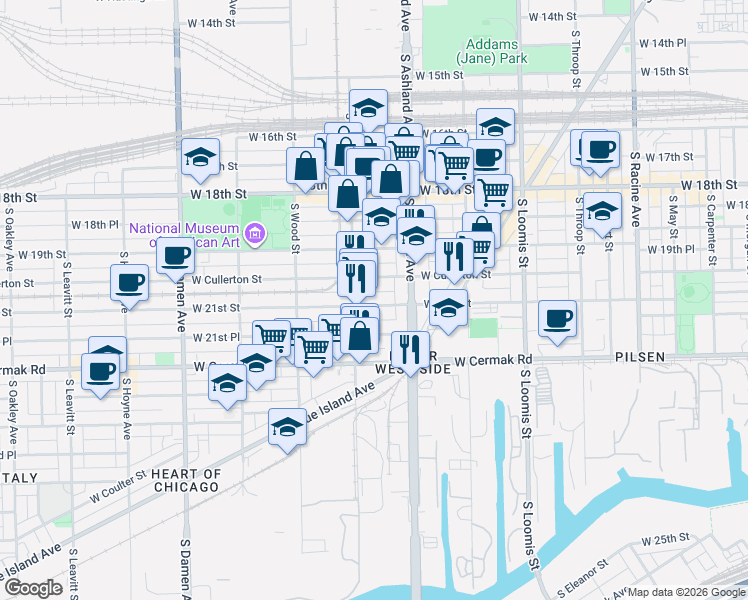 map of restaurants, bars, coffee shops, grocery stores, and more near 1632 West 21st Street in Chicago