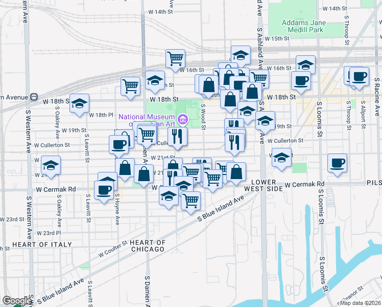 map of restaurants, bars, coffee shops, grocery stores, and more near 1822 West 21st Street in Chicago