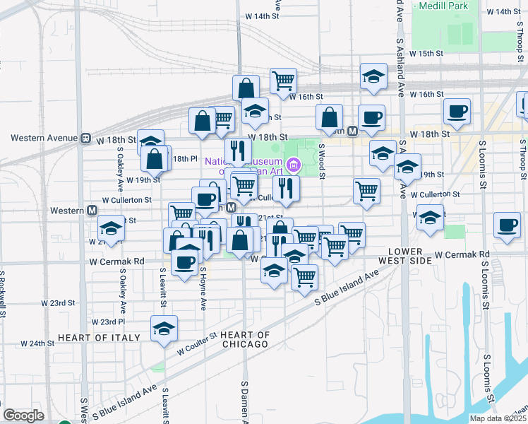 map of restaurants, bars, coffee shops, grocery stores, and more near 1934 West 21st Street in Chicago