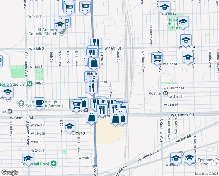 map of restaurants, bars, coffee shops, grocery stores, and more near 4707 19th Street in Cicero