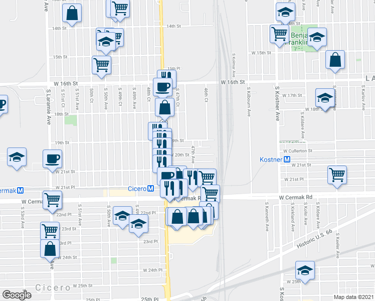map of restaurants, bars, coffee shops, grocery stores, and more near 4707 19th Street in Cicero