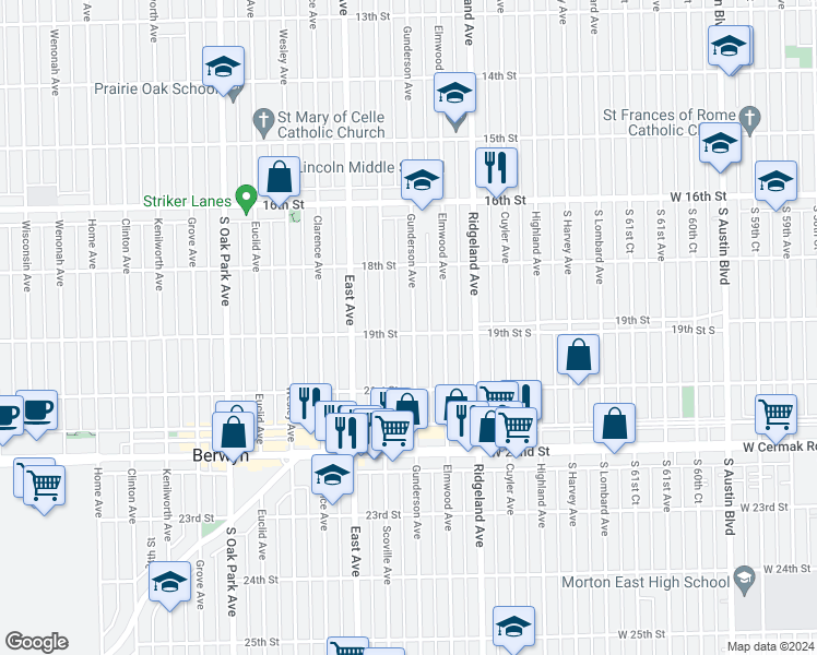 map of restaurants, bars, coffee shops, grocery stores, and more near 1849 Gunderson Avenue in Berwyn
